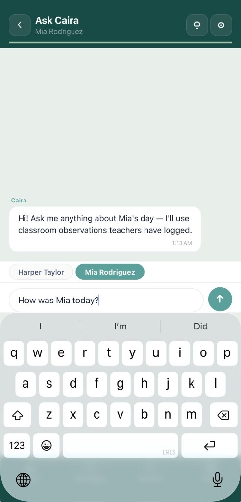 Parent asking Caira a question about their child day