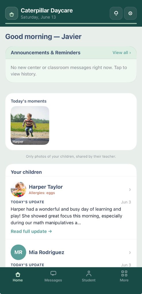Parent home screen with child updates and shortcuts
