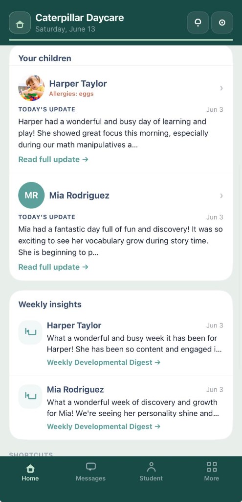 Parent app showing weekly developmental insights and digests for each child