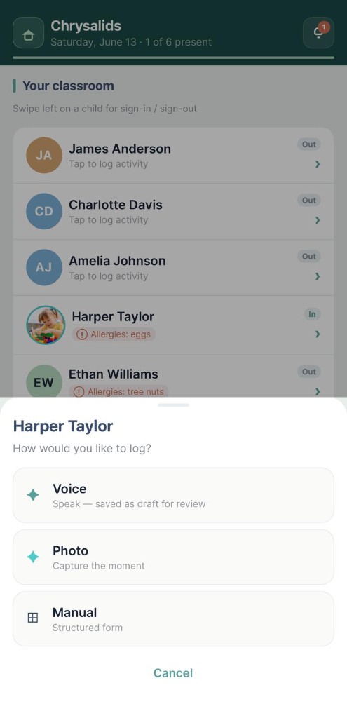 Teacher logging menu with voice, photo, or manual options