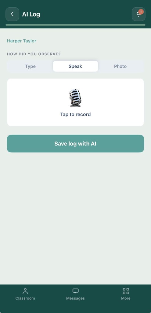 Teacher recording a voice log in the classroom
