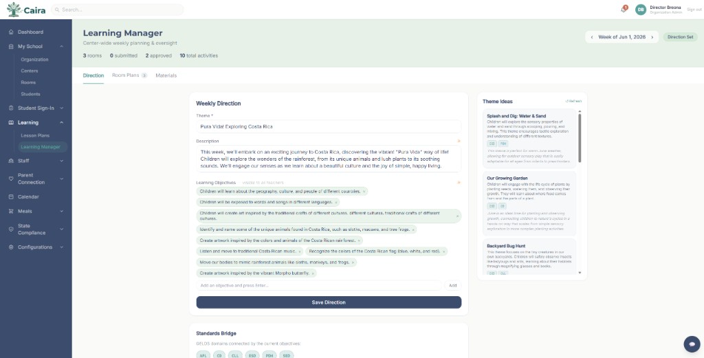 Caira Learning Manager weekly direction
